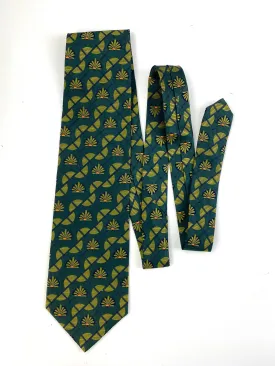 90s Deadstock Silk Necktie, Men's Vintage Green Lattice Art Deco Fan Pattern Tie, NOS