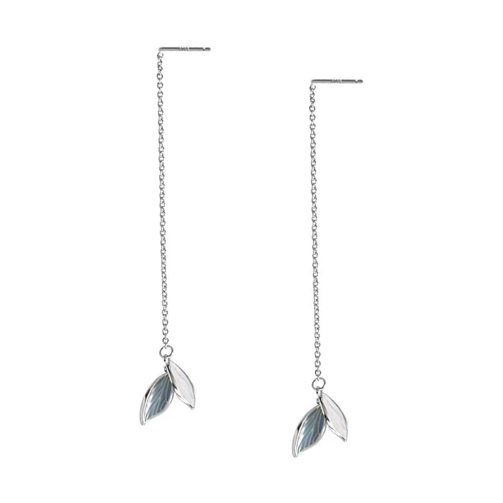 925 Silver One Touch Blue Leaf Long Drop Earrings