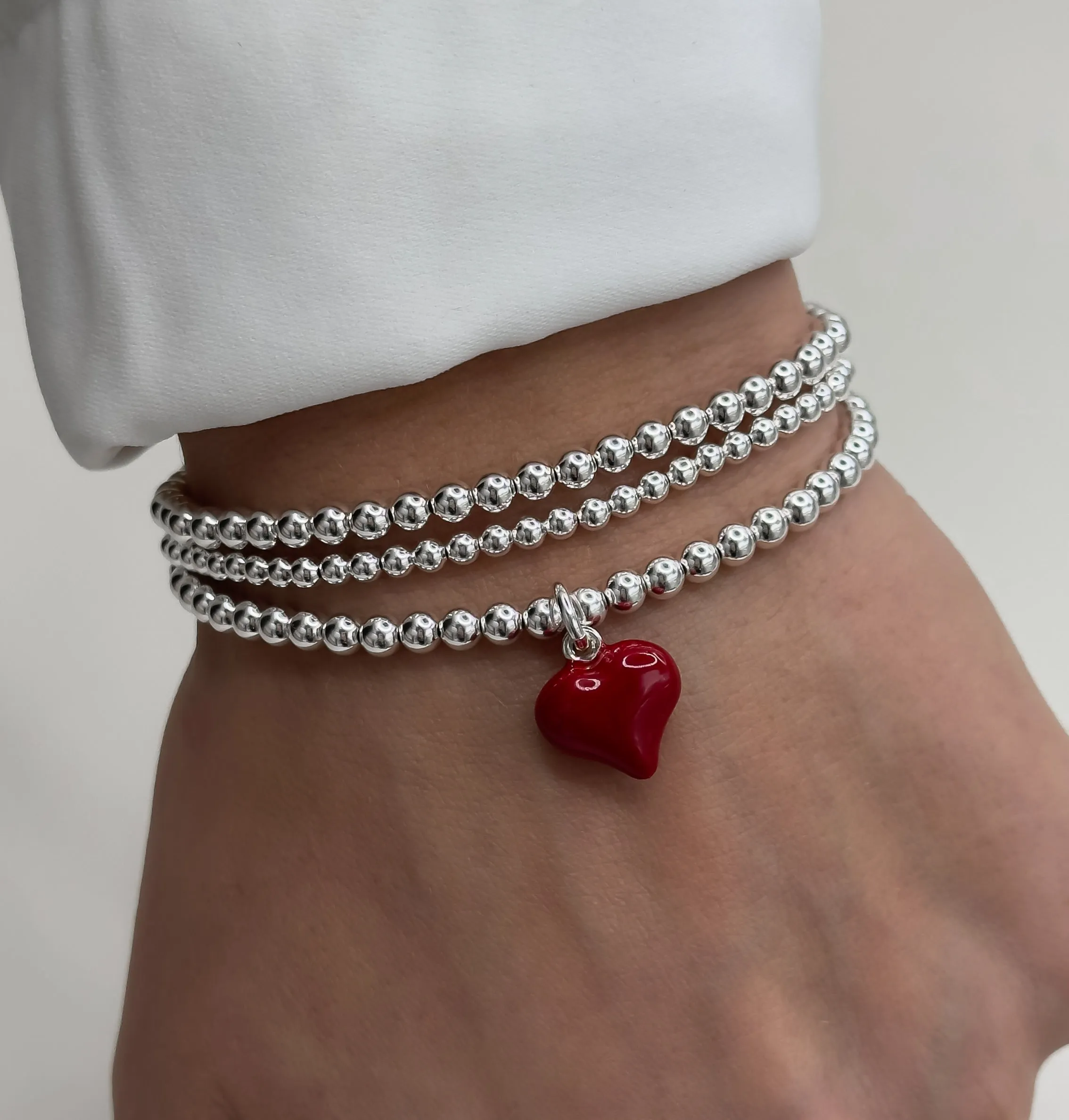 925 Sterling Silver Red Puff Heart Charm Bracelet, Red Heart Charm Bracelet, Heart Charm Bracelet, Stacked Bracelets