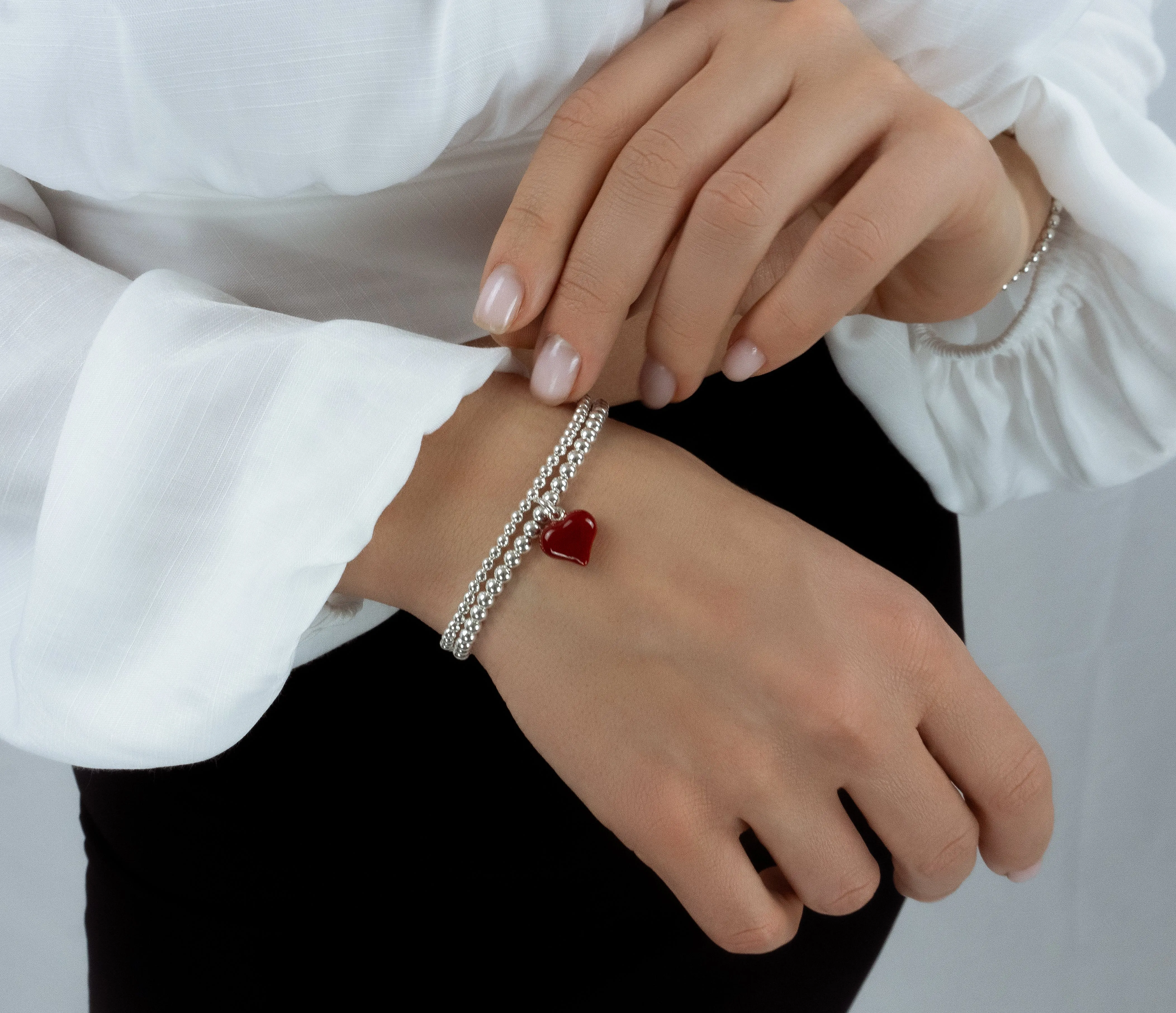 925 Sterling Silver Red Puff Heart Charm Bracelet, Red Heart Charm Bracelet, Heart Charm Bracelet, Stacked Bracelets