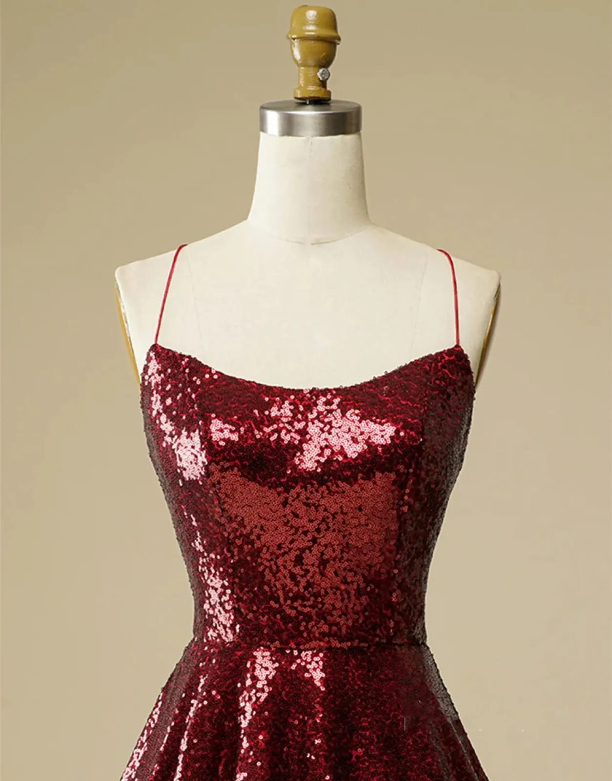 A-Line Burgundy Sequin Straps Backless Homecoming Wedding Party Dress