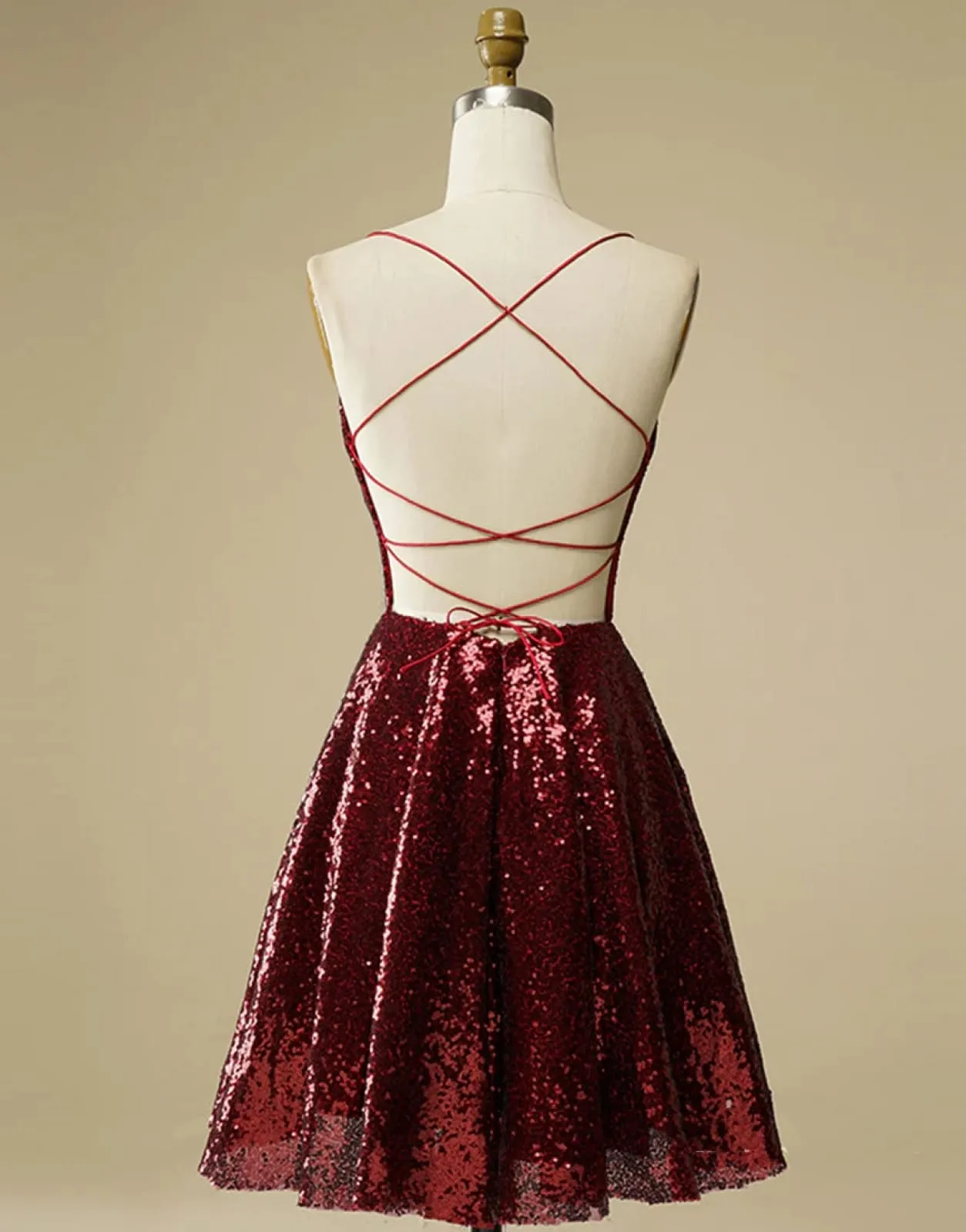 A-Line Burgundy Sequin Straps Backless Homecoming Wedding Party Dress