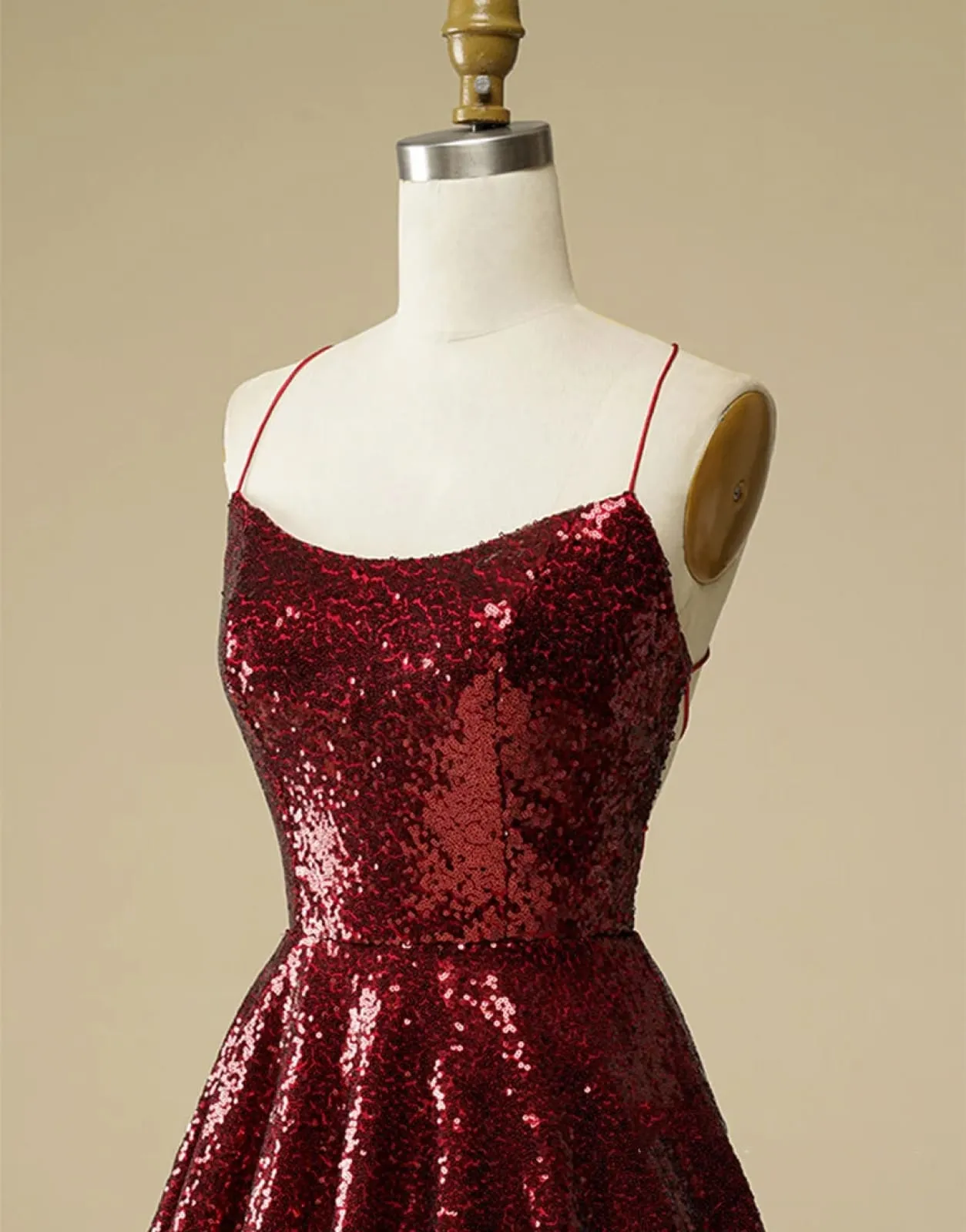 A-Line Burgundy Sequin Straps Backless Homecoming Wedding Party Dress