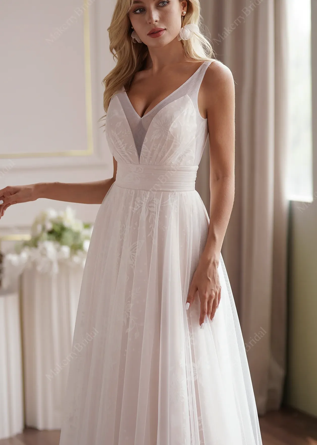 A-Line Princess V-Neck Sweep Train Tulle Wedding Dress