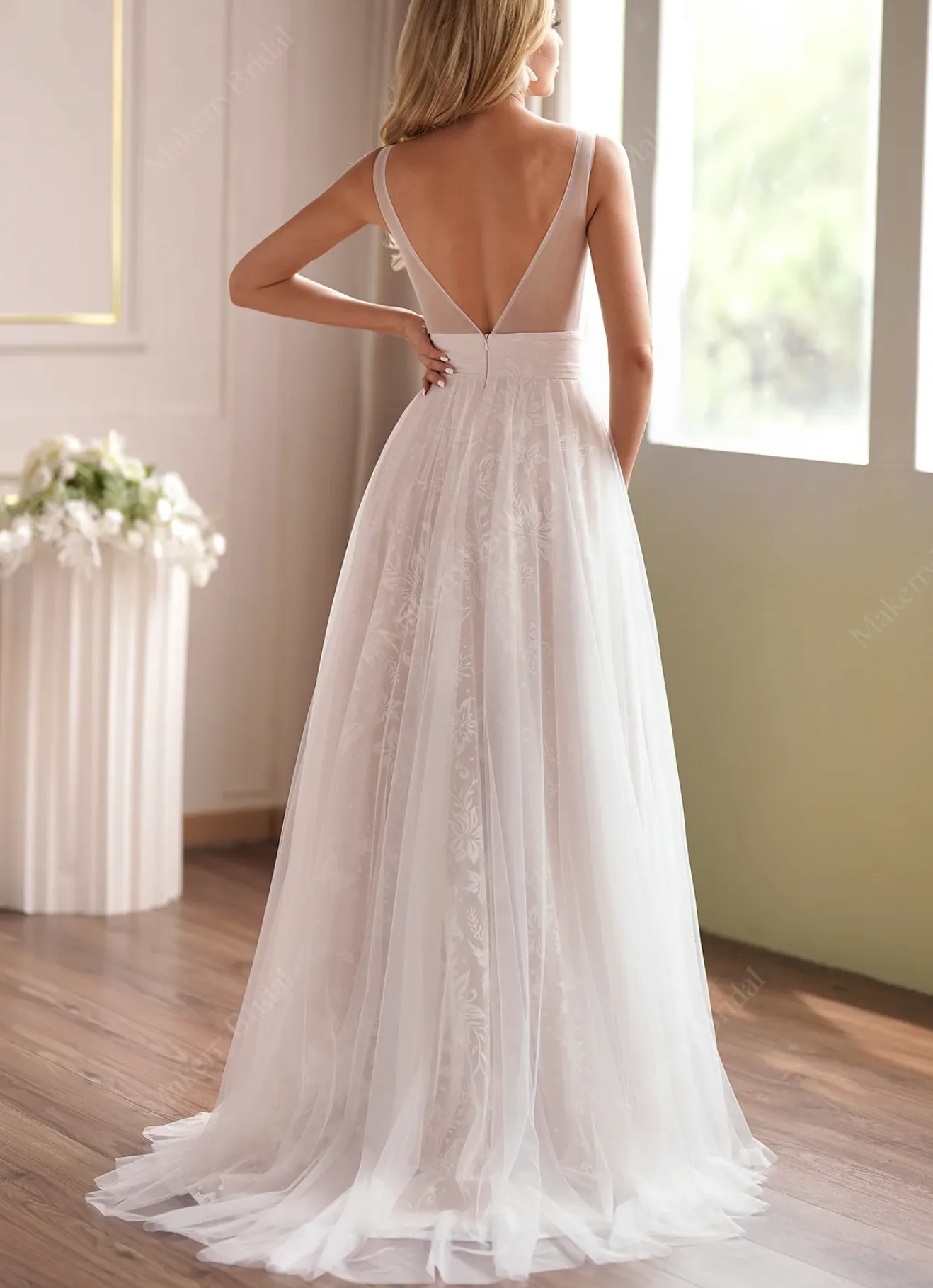 A-Line Princess V-Neck Sweep Train Tulle Wedding Dress