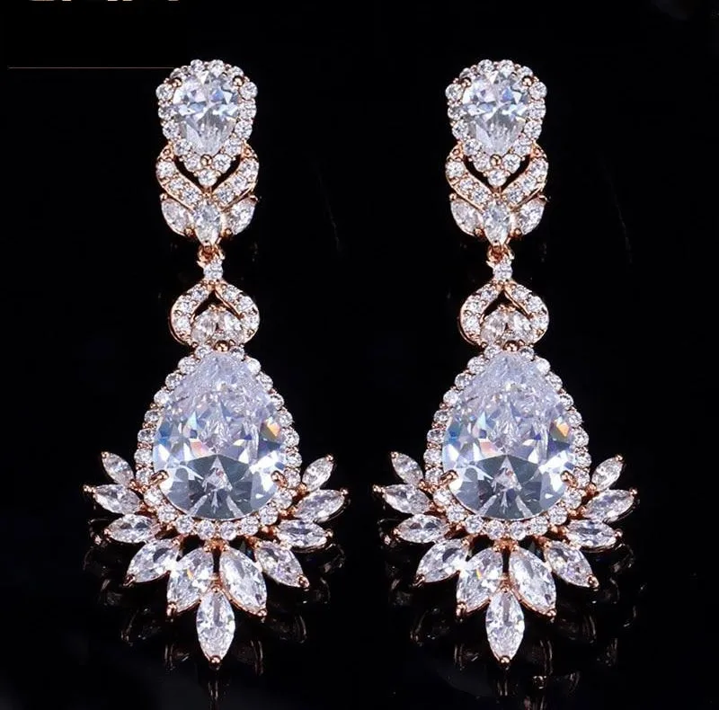 AAA Cubic Zirconia Rose Gold Long Dangle Drop Bridal Wedding Earrings Jewelry