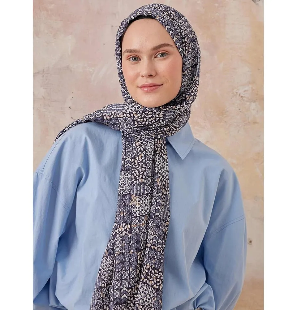 Abstract Crinkle Cotton Hijab Shawl - Blue