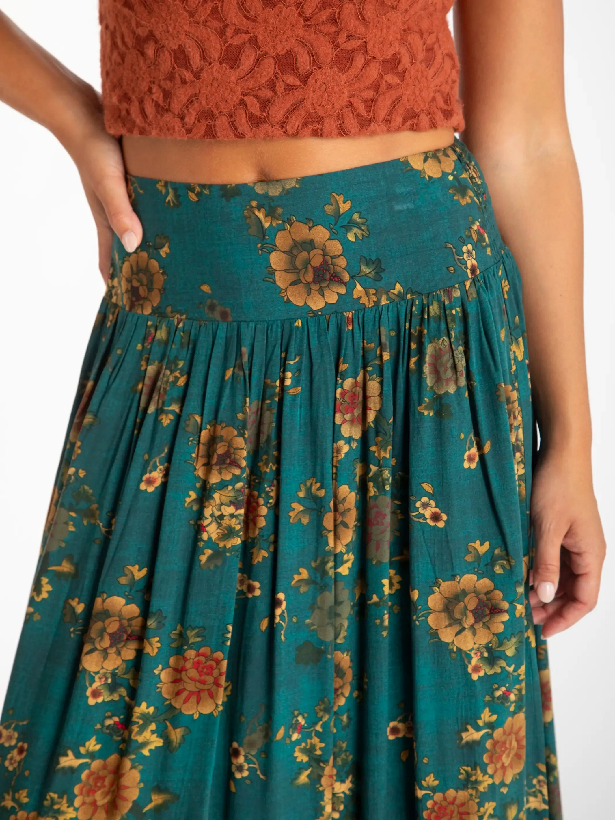 Addie Midi Skirt - Teal Orange Clusters