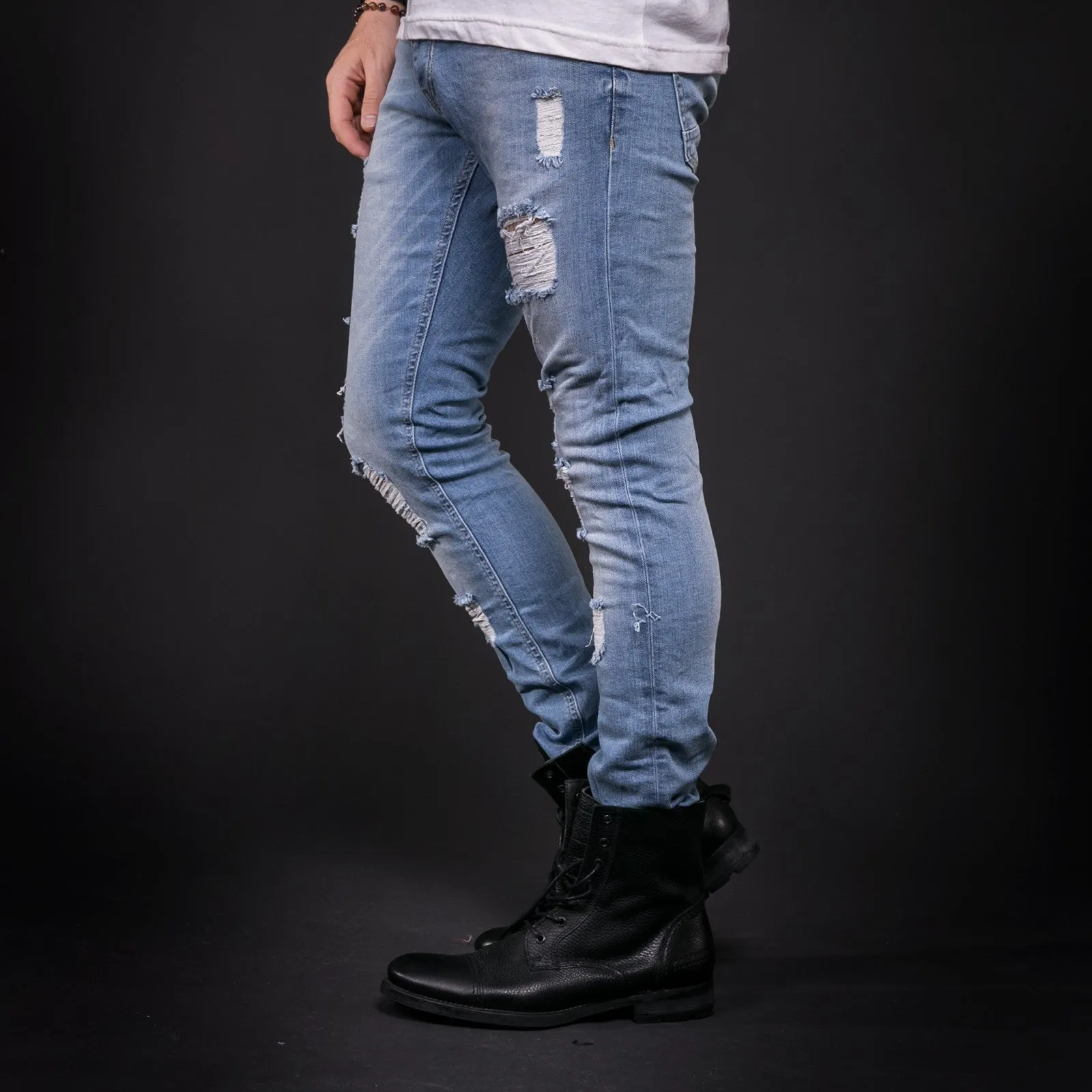 ADJ Men Slim Fit Ripped Destroyed Jeans - Light Blue