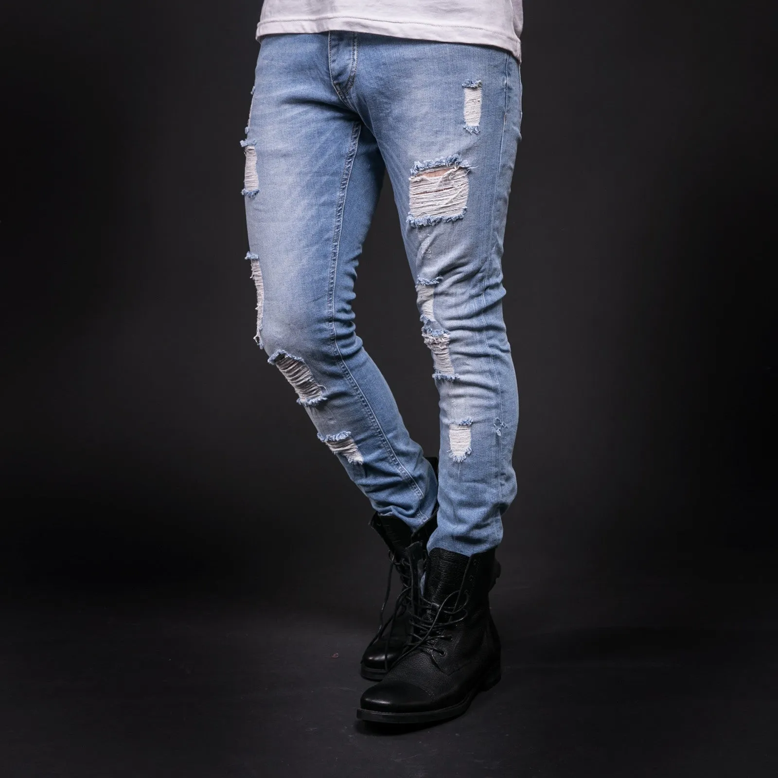 ADJ Men Slim Fit Ripped Destroyed Jeans - Light Blue