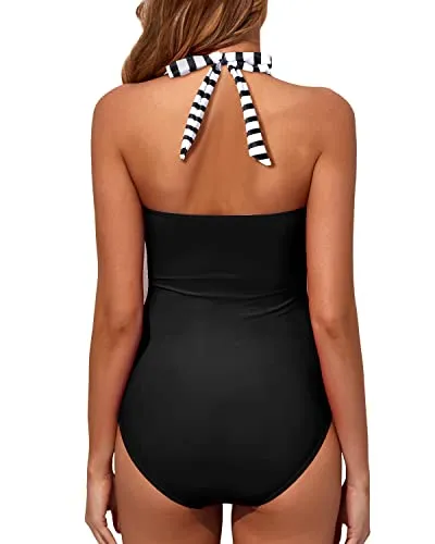 Adjustable Halter Neck Swimsuits Halter Vintage Swimwear-Black And White Stripe