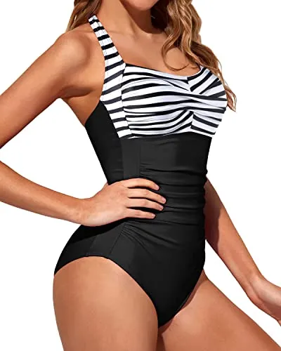 Adjustable Halter Neck Swimsuits Halter Vintage Swimwear-Black And White Stripe