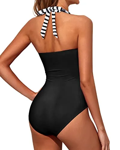 Adjustable Halter Neck Swimsuits Halter Vintage Swimwear-Black And White Stripe