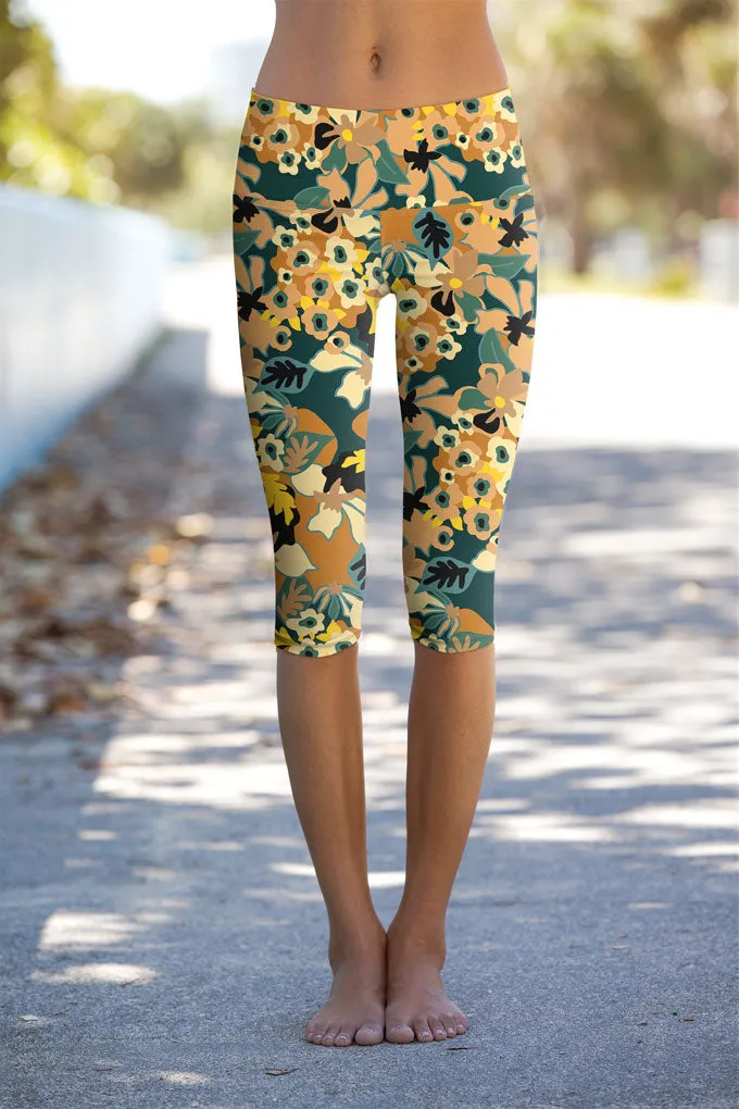 Admiration Ellie Brown Floral Leaf Printed Yoga Capri Leggings - Women