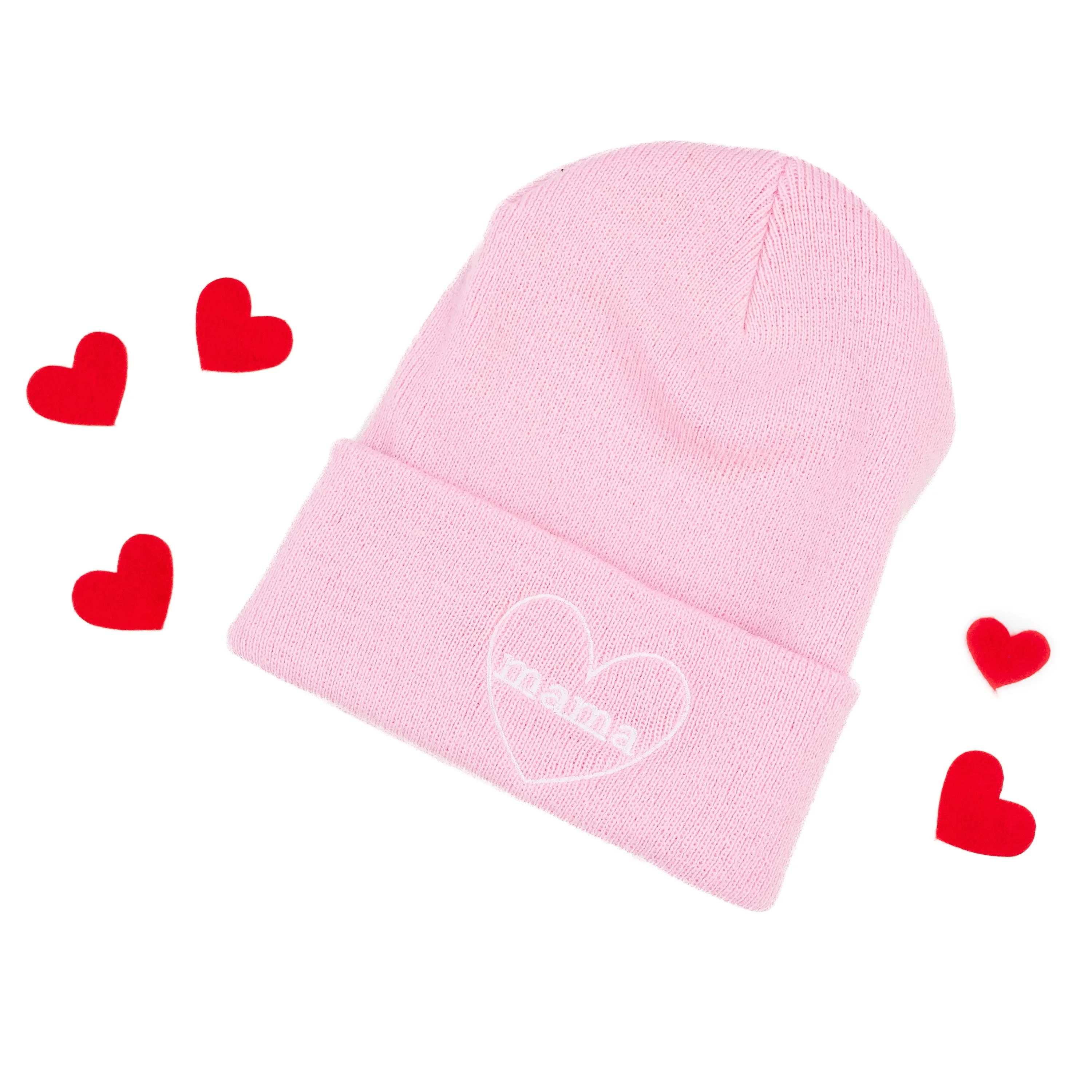 Adult Beanie - Mama Heart Around - Light Pink w/ White