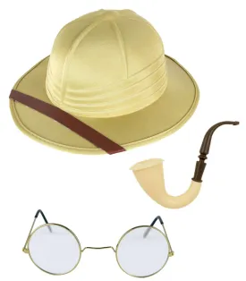 Adults Explorer Safari Pith Helmet Hat, Round Frame Glasses Fake Smoking Pipe Explorer Hunter Traveler Fancy Dress Set