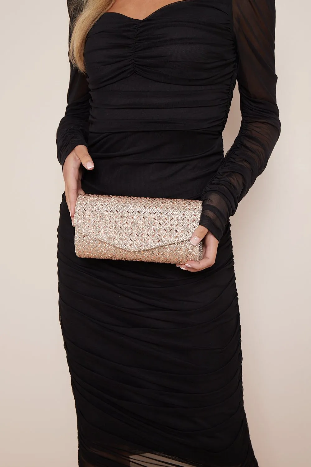 Aftershock London Rose Gold Diamante Evening Clutch Bag