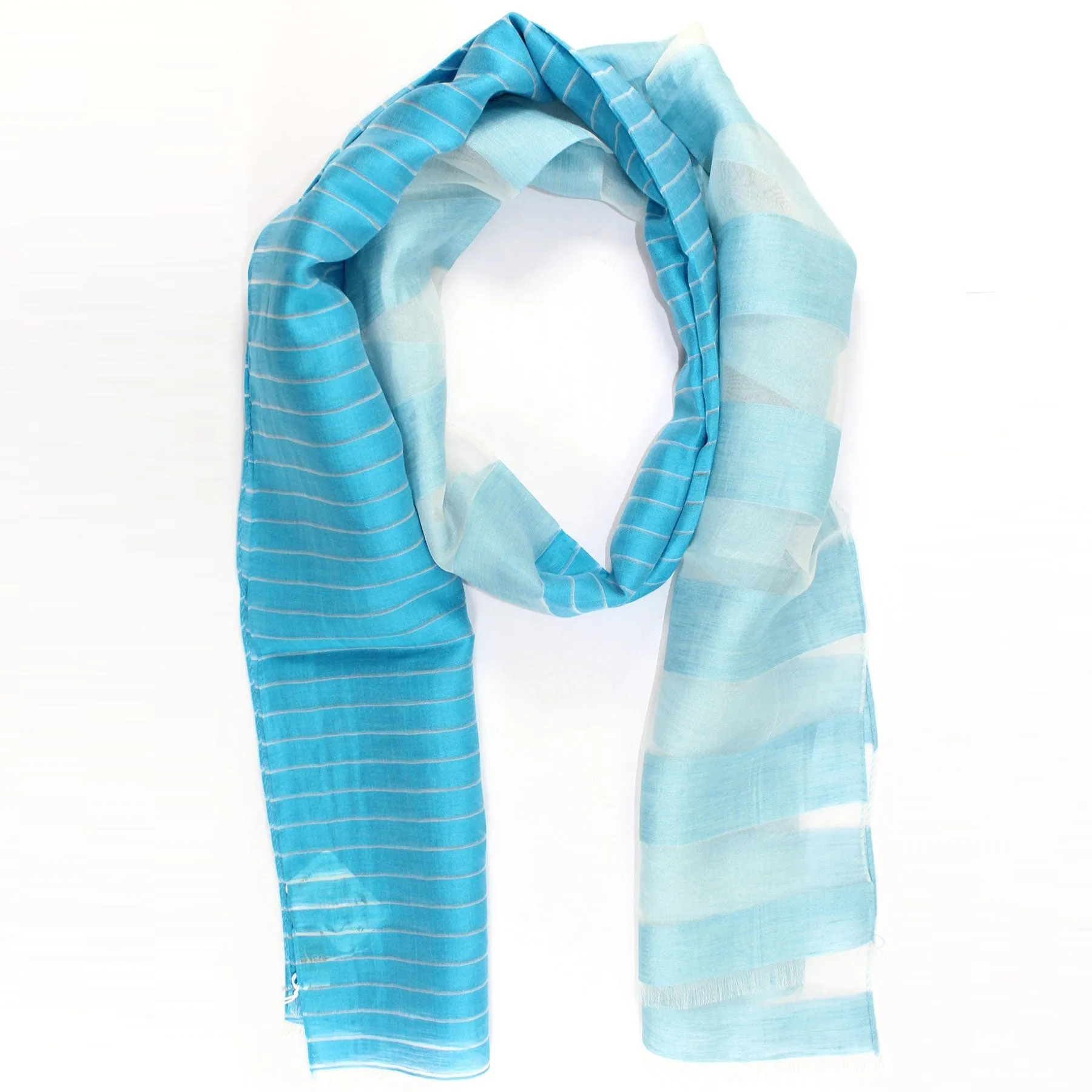 Agnona Women Scarf Aqua Blue Stripes Design - Luxury Linen Silk Shawl FINAL SALE