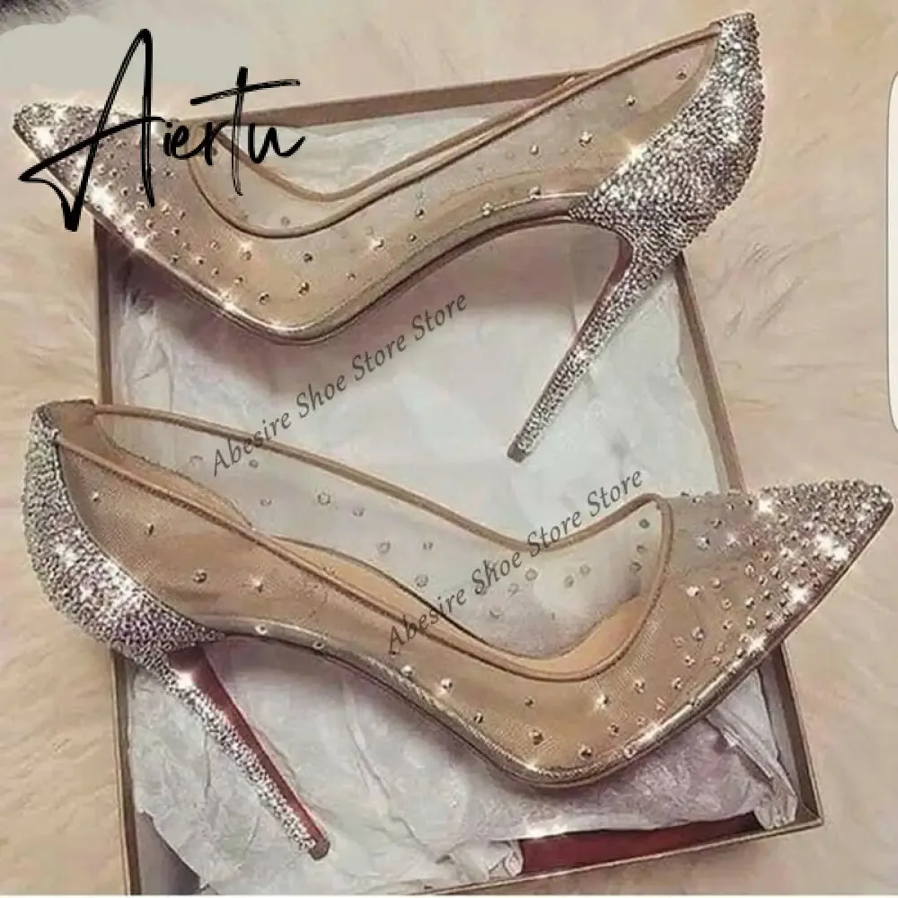 Aiertu New Crystal Pumps Shallow Crystal Stilettos Solid Pumps Beige High Heels Woman Spring Shoes Fashion Party Sexy Big Size HOT NOW