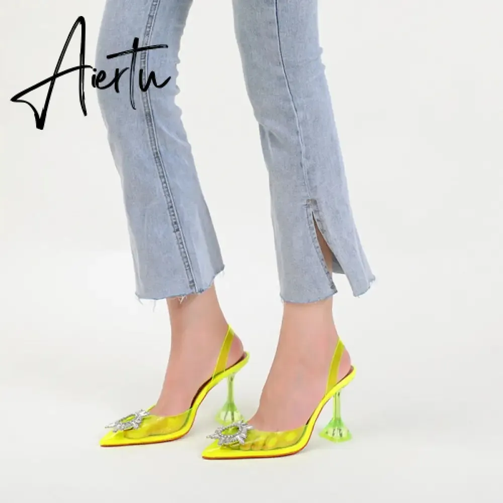 Aiertu Star style Green Blue Soft PVC Women Sandals Fashion Crystal Heeled Slingbacks Summer Shoes High heels Wedding Bride Shoes