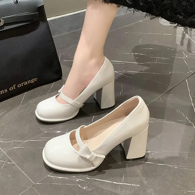 Aiertu Sweet Bowknot High Heels Mary Janes Women Cute Round Toe Patent Leather Pumps Woman Slip-On Square Heeled Bow Party Shoes Ladies