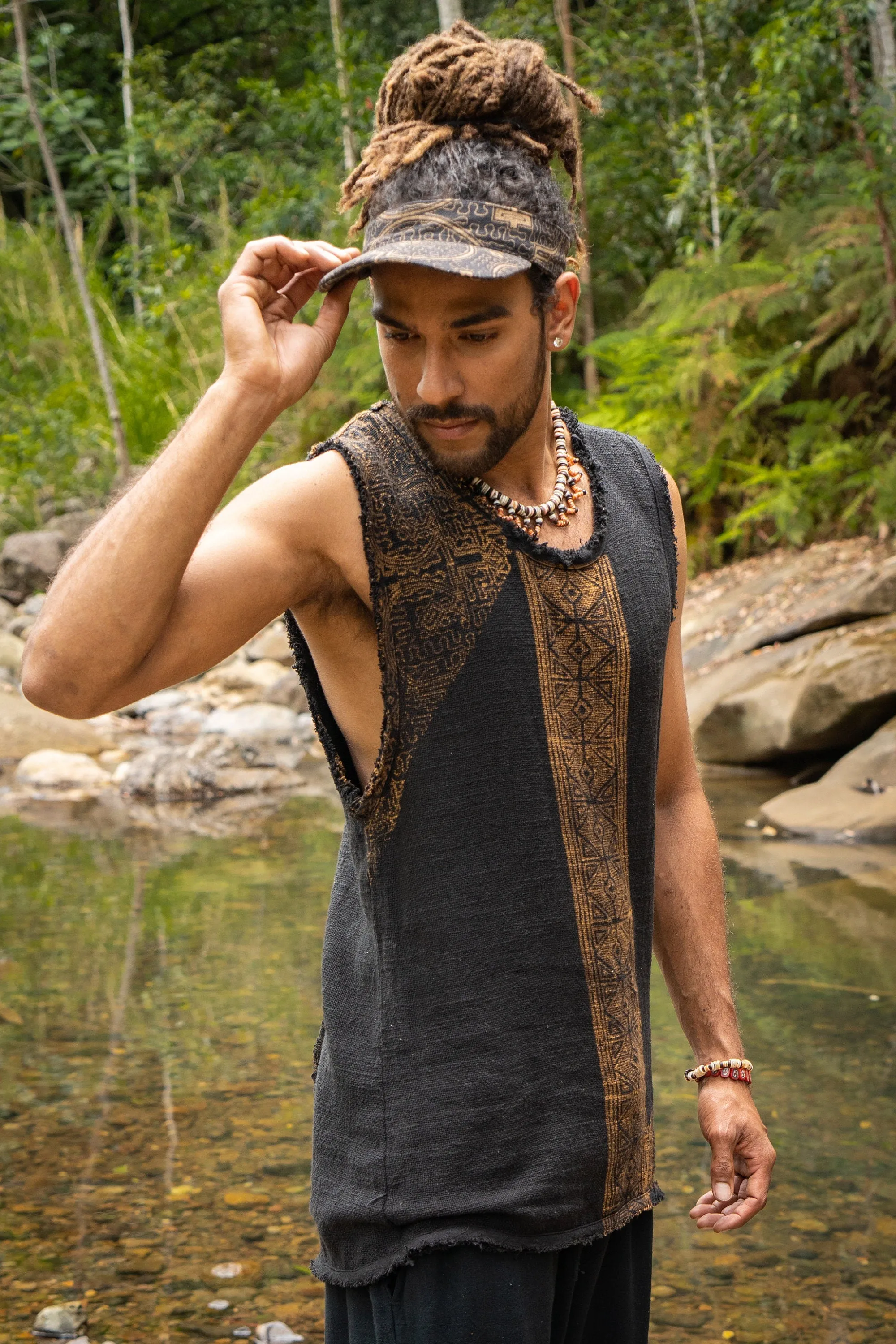 AKAU Tank Top Brown Sleeveless Shirt Shipibo Block Printed Handmade Natural Muscle Cotton Shamanic Tribal Festival Ceremony Ritual AJJAYA