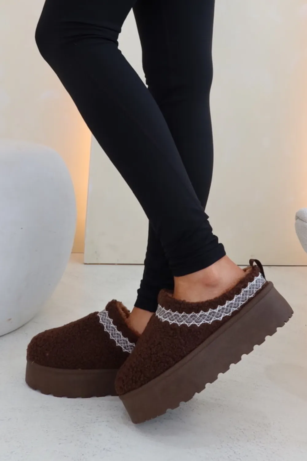 Alba chocolate teddy platform mules