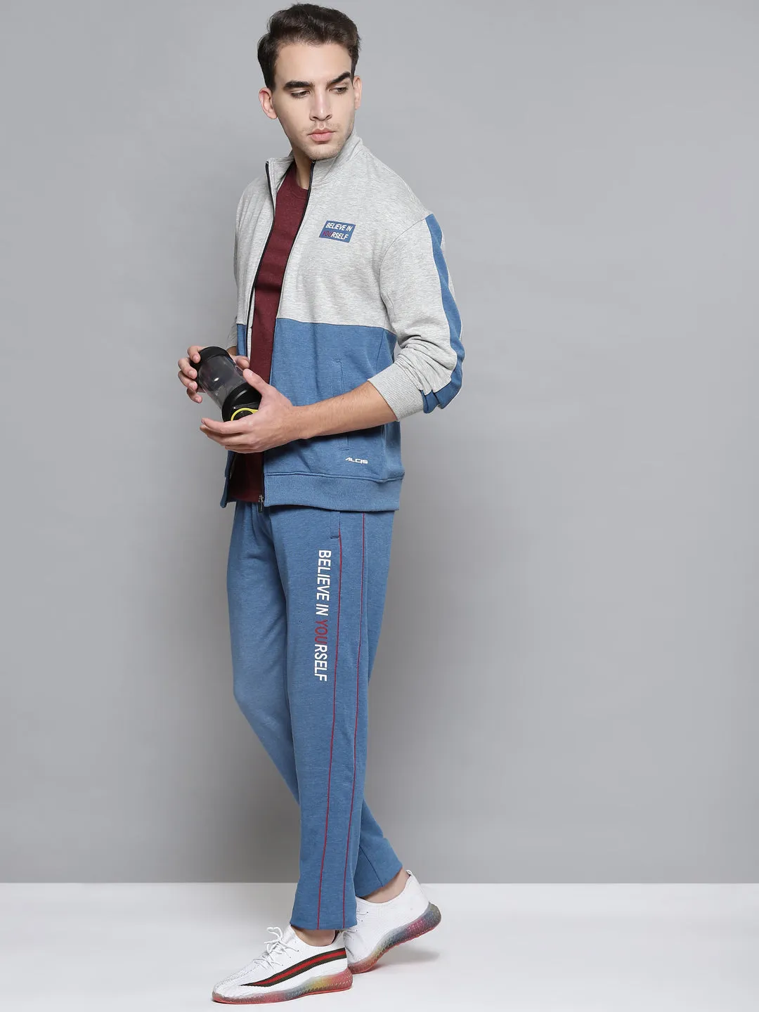 Alcis Men Grey Melange Blue Colourblocked Tracksuit