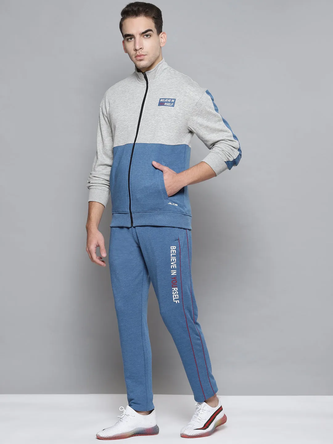 Alcis Men Grey Melange Blue Colourblocked Tracksuit