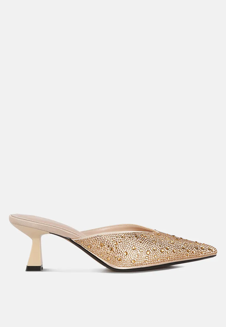 Aldora Rhinestones Embellished Satin Mules