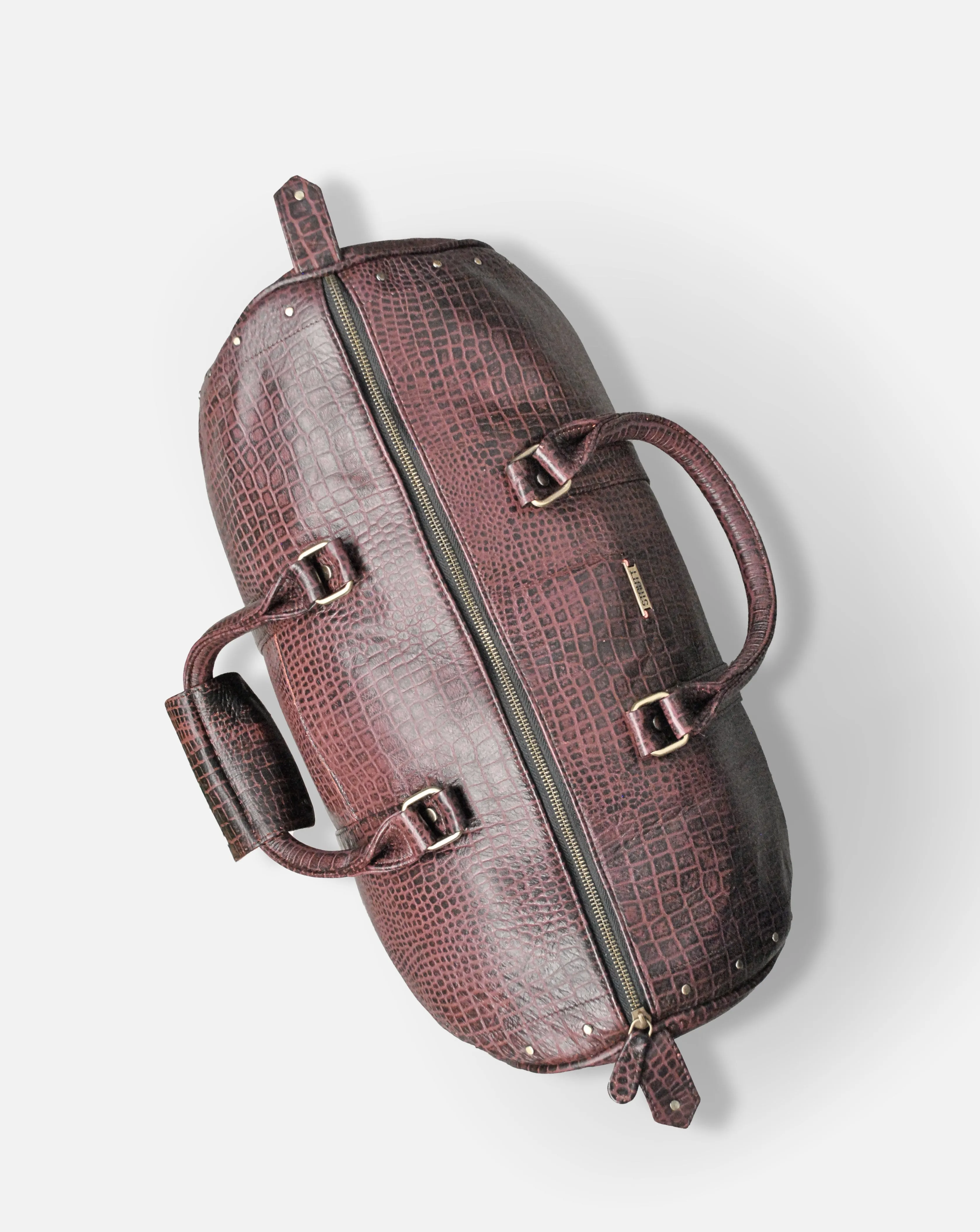 Alfred- Maroon Leather Croc Print Duffel - Luggage Bag