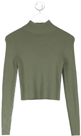 Alice   Olivia Green Senaida Cropped Lightweight Rib Mock Neck Jumper UK S/M