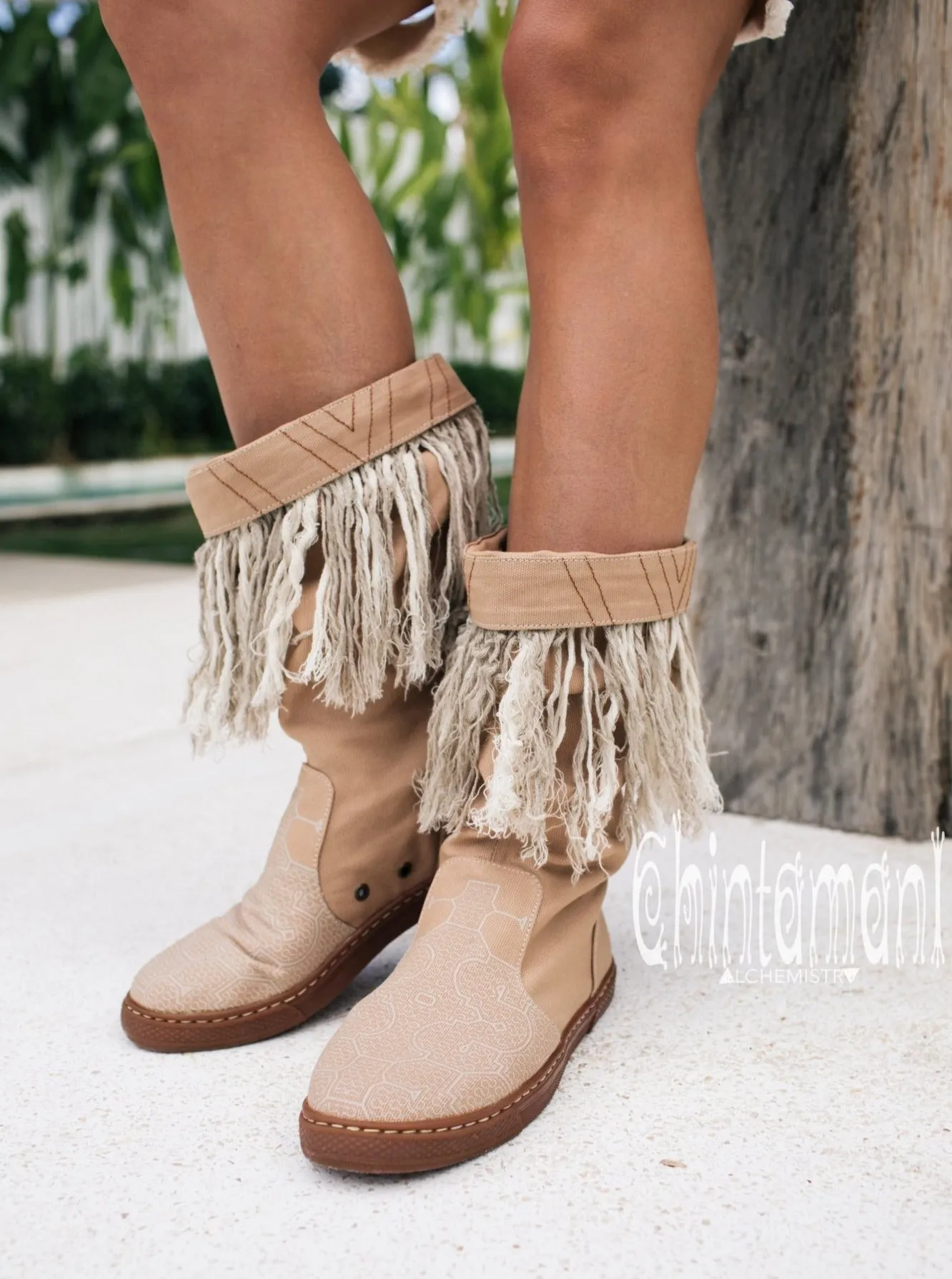 Alma Libra Cotton Canvas Vegan Fringe Boots / Boho High Shoes / Beige