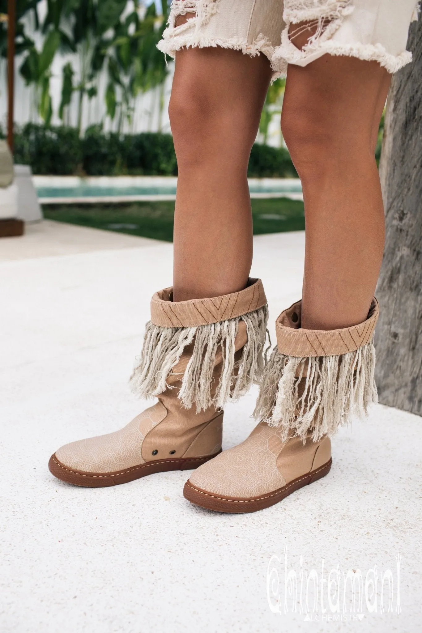 Alma Libra Cotton Canvas Vegan Fringe Boots / Boho High Shoes / Beige