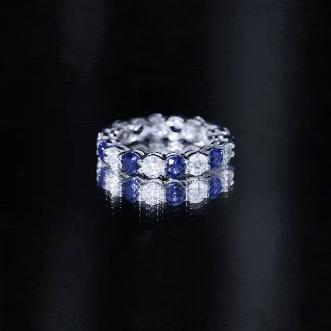 Alternating Created Blue Sapphire and Moissanite Eternity Ring