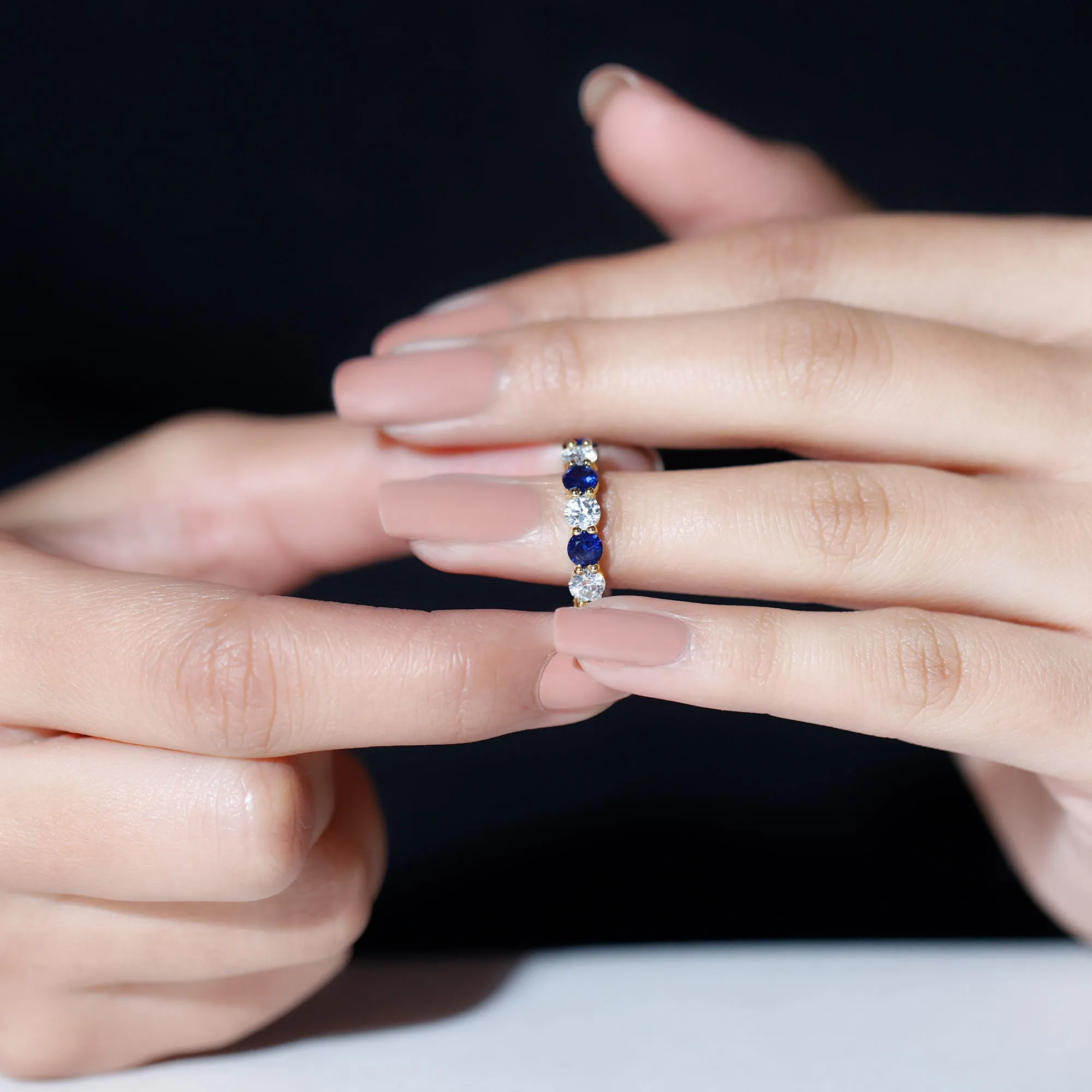 Alternating Created Blue Sapphire and Moissanite Eternity Ring