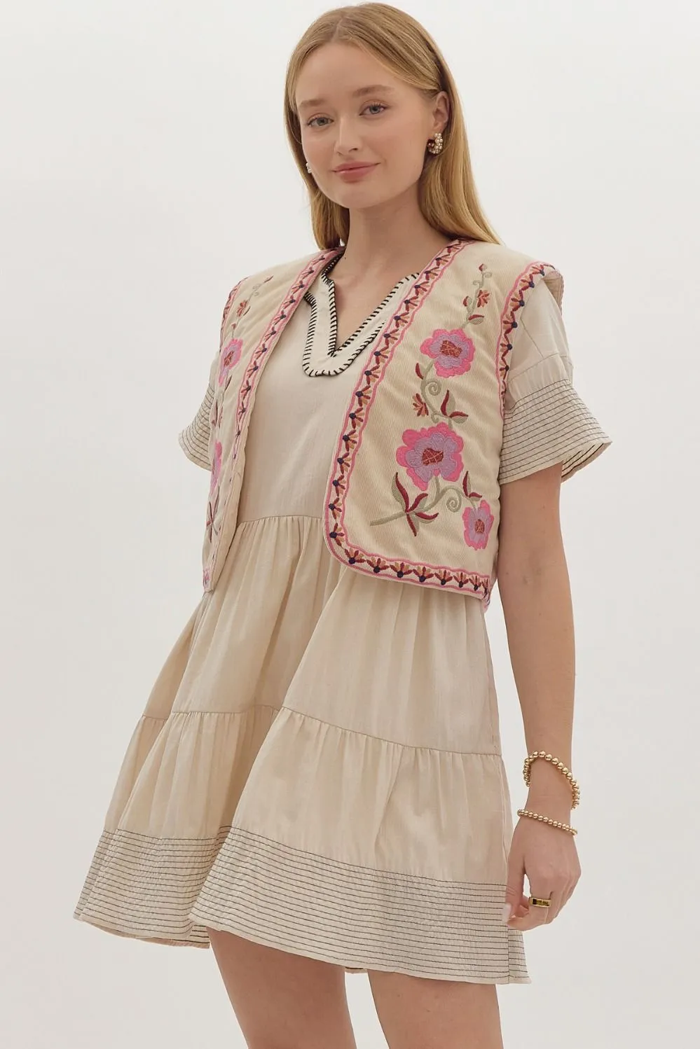 Amelia Corduroy Floral Embroidered Vest - Ecru