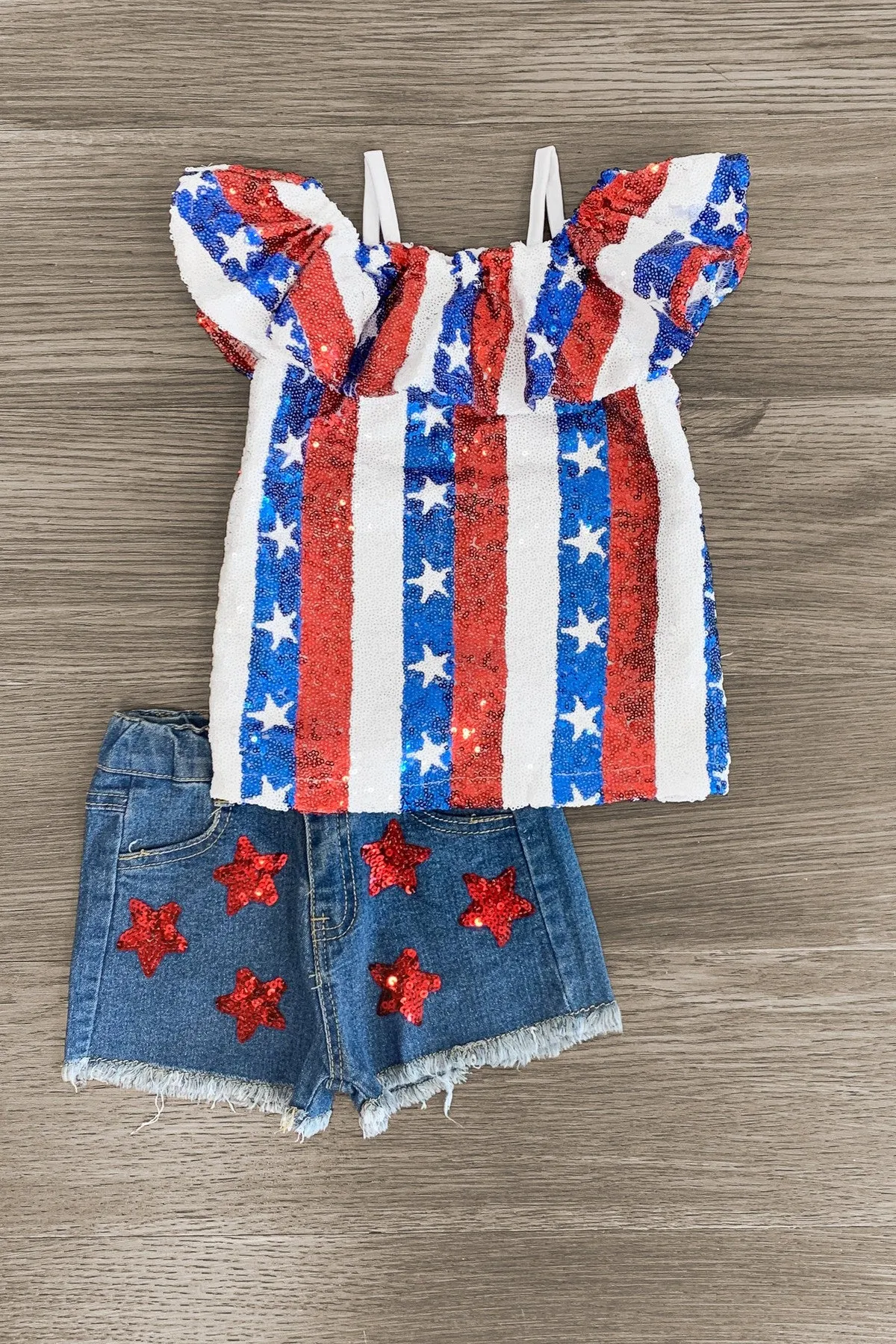 American Sequin Stars & Stripes Denim Short Set