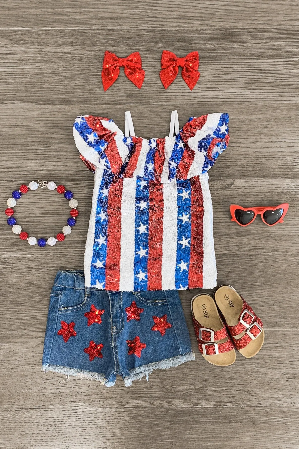 American Sequin Stars & Stripes Denim Short Set