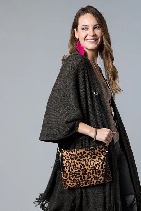 Animal print wristlet with tassel cross body/clutch bag