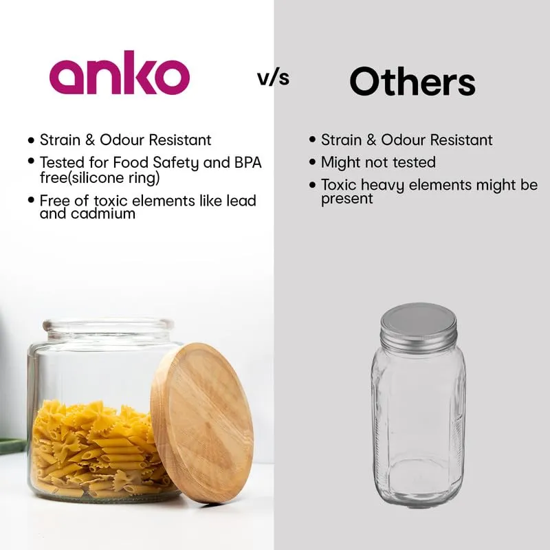 Anko 3 Litre Cylindrical Airtight Storage Glass Jar/Container with Wood Lid-Pack of 2|Canister/Container Glass Jar with Leak-proof Rubber Wood Lid & Silicone Seal|Ideal for Storing Kitchen Ingredients