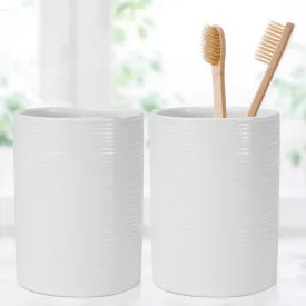 Anko Ceramic Toothbrush Holder for Bathroom | Toothpaste, Makeup Brush Holder for Bathroom | Bathroom Accessories for Wash Basin | Home, Office, Bathroom Organiser | White, Ribbed | Set of 2