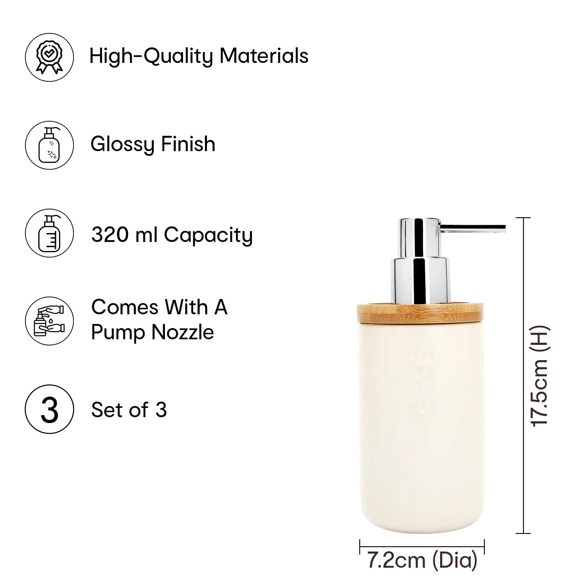 Anko Liquid Soap Dispenser - Pack of 3 | Ceramic and Bamboo Top| Bathroom Sanitizer, Lotion, Shampoo Dispenser | Handwash Bottle for Kitchen | Soap Dispenser for Wash Basin | 320 ml