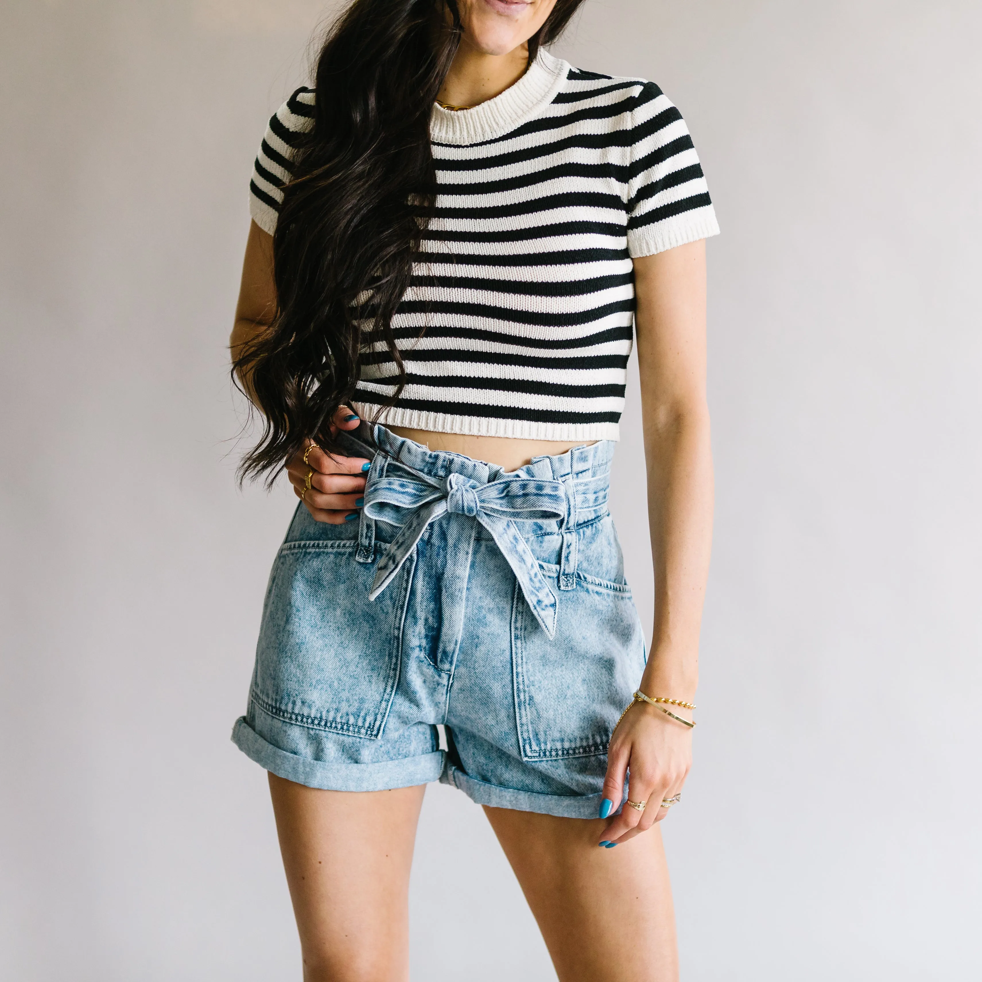 Anti-Hero Tie Waist Denim Paperbag Shorts by Kancan