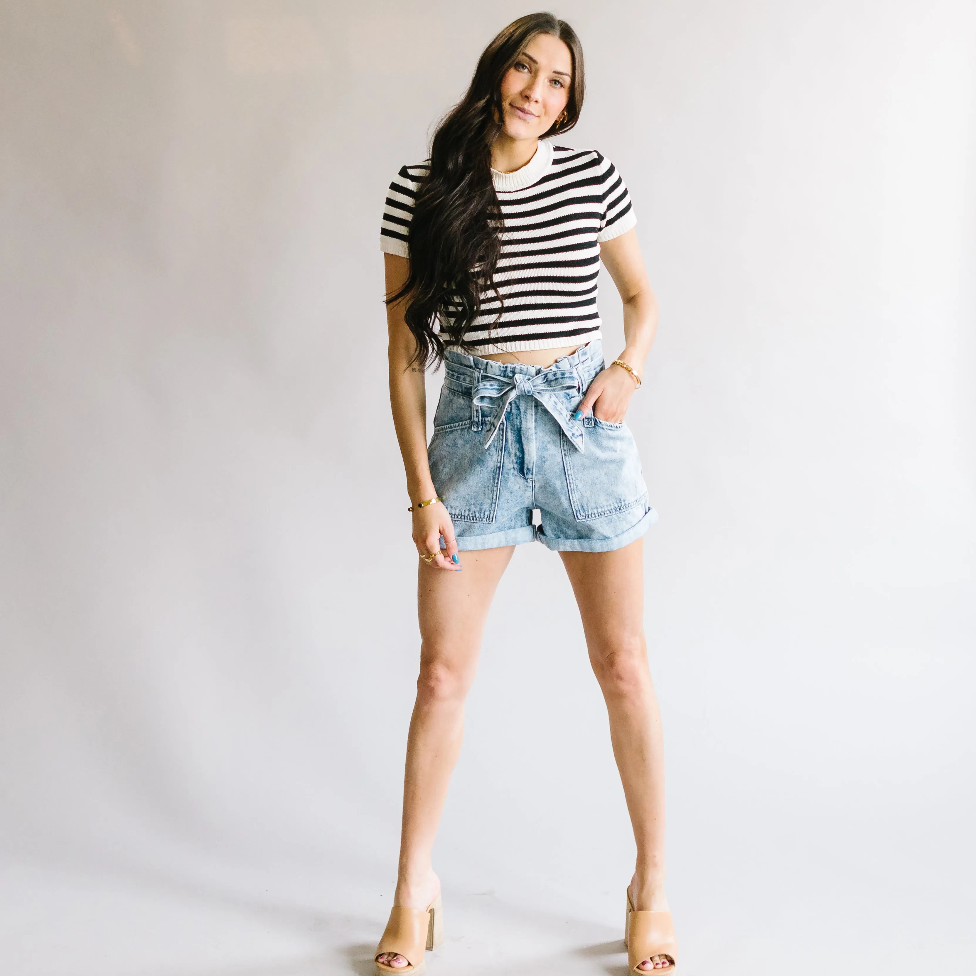 Anti-Hero Tie Waist Denim Paperbag Shorts by Kancan