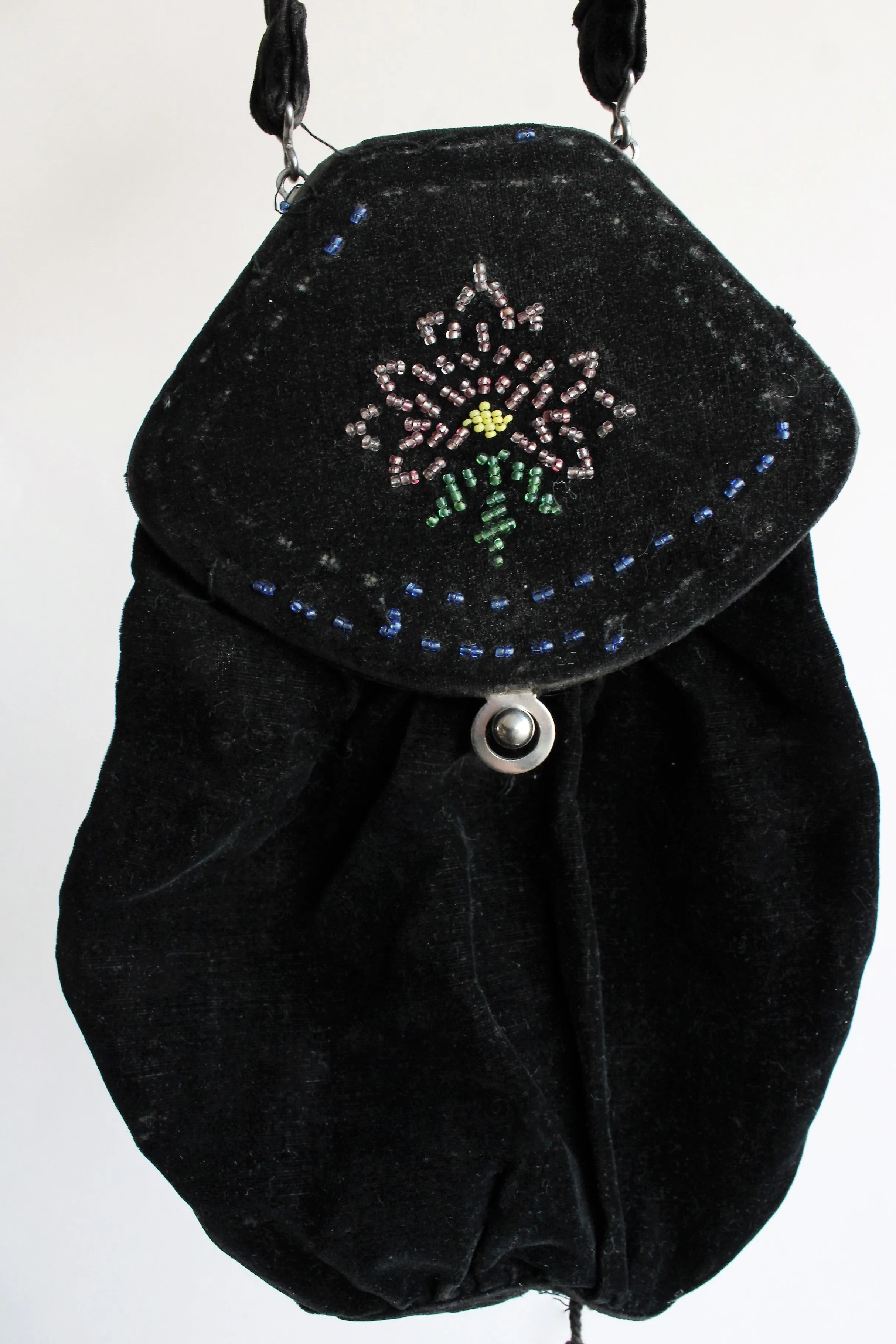 Antique 1910s Black Velvet Reticule with Beaded Flower and Mirror