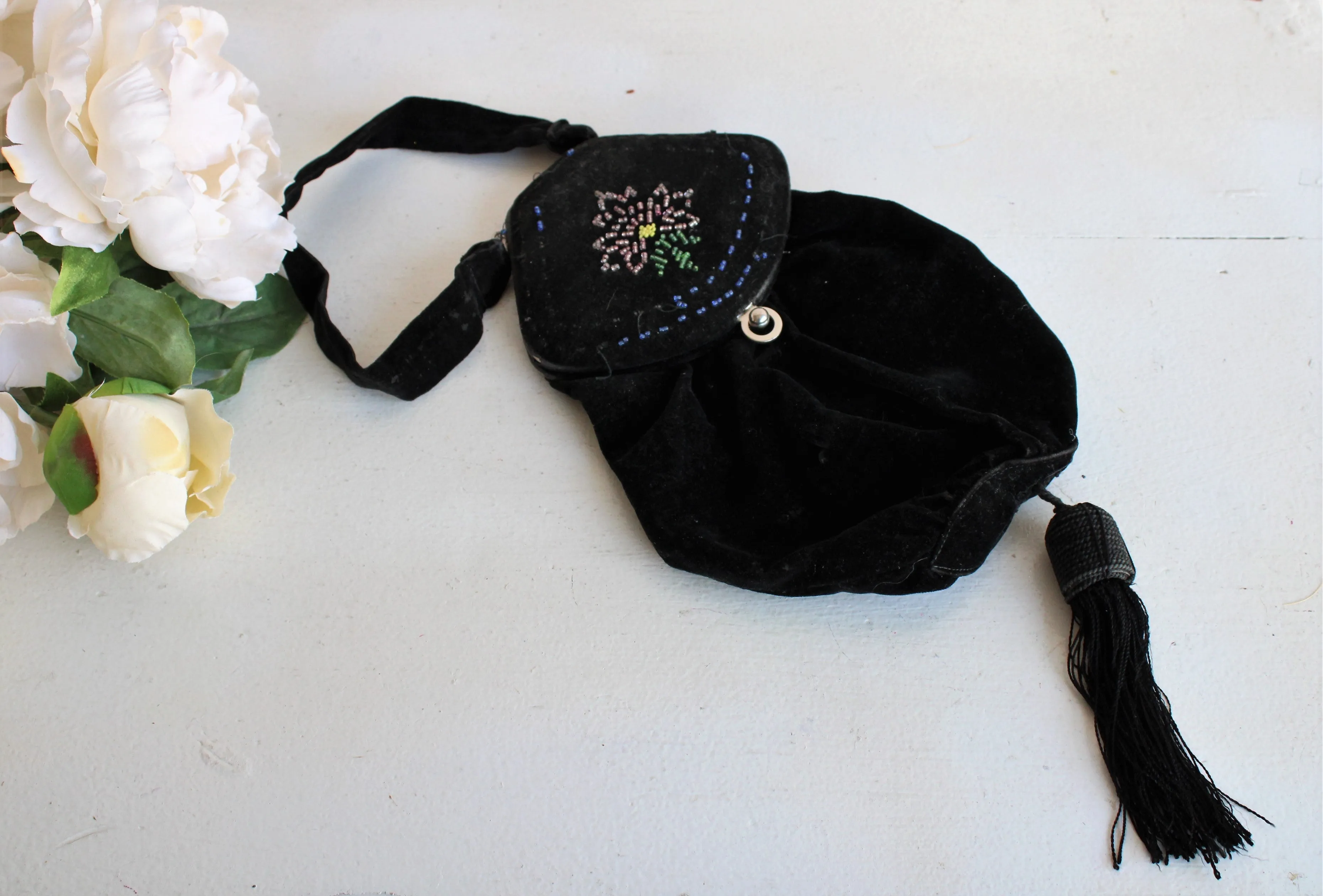 Antique 1910s Black Velvet Reticule with Beaded Flower and Mirror