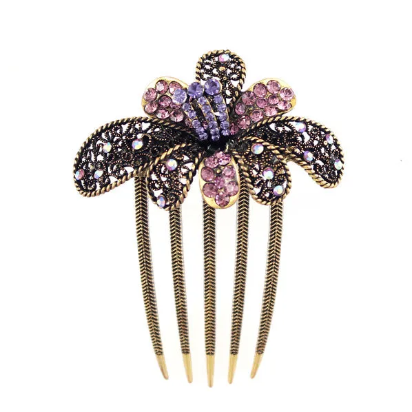 Antique Brass Rhinestone Blooming Flower French Twist Comb