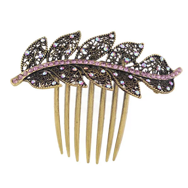 Antique Brass Rhinestone Leaf  French Twist Comb