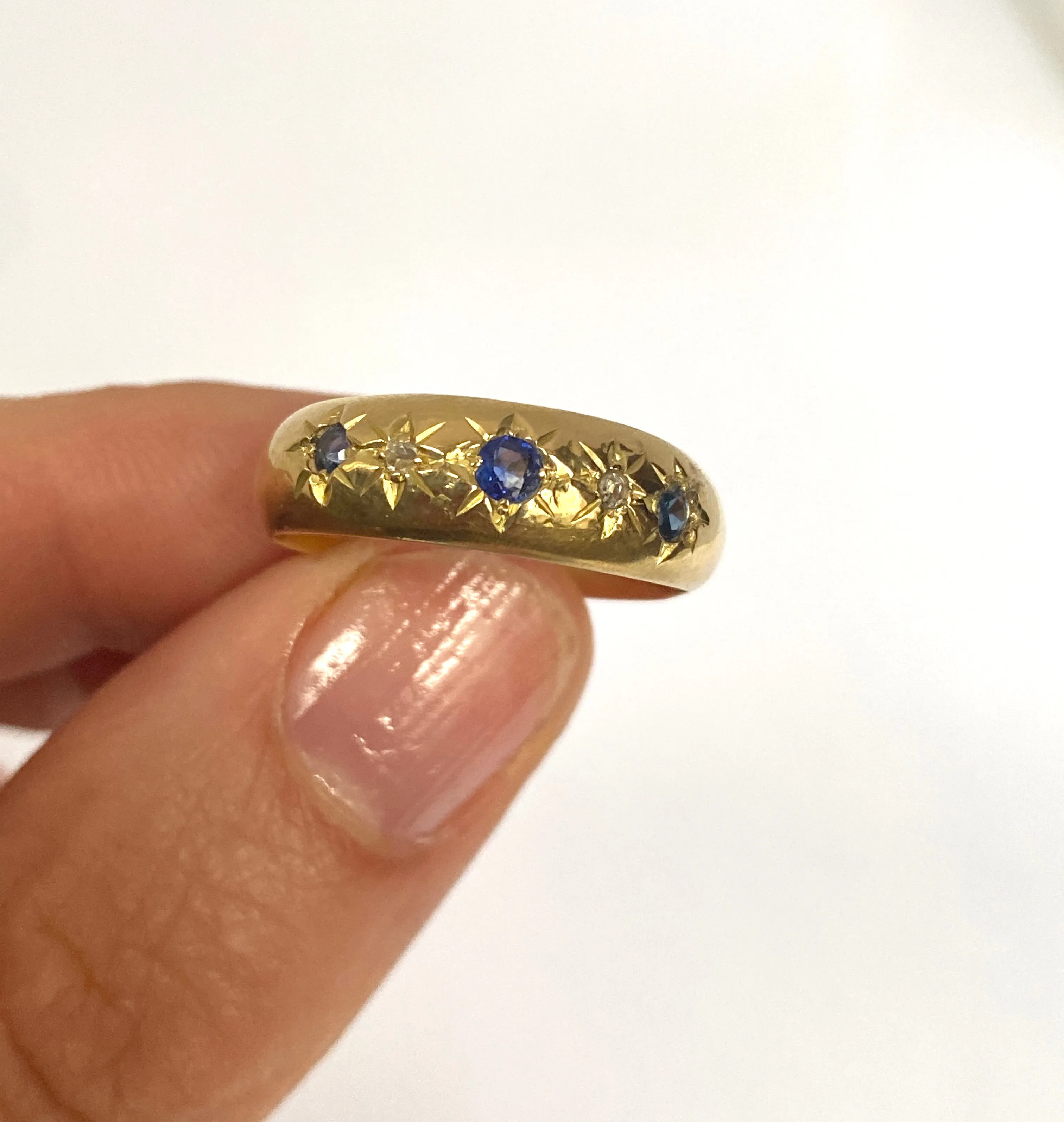 Antique Edwardian 18ct Gold Cornflower Sapphire and Diamond Gypsy Ring, Hallmarked Birmingham, 1902